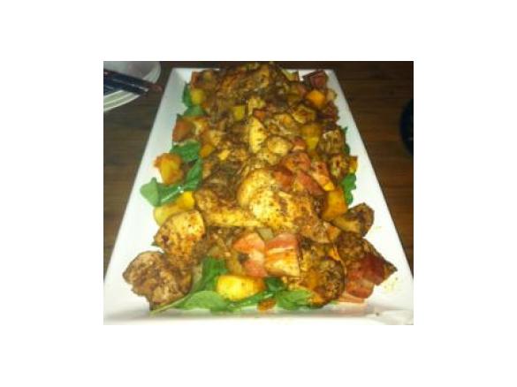 Spicy Chicken Thighs with Pumpkin and Speck, served with Tomato Potatoes