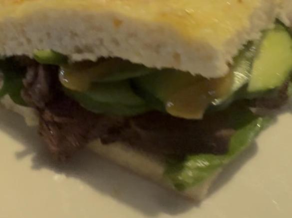 Steak sandwich using pizza Bianca