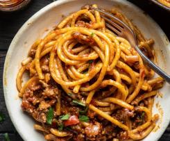 One-Bowl Harissa Bolognese Spaghetti